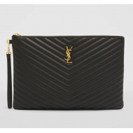 Monogram YSL Large Chevron Quilted Flat Wristlet Pouch Bag