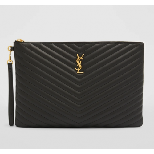 Monogram YSL Large Chevron Quilted Flat Wristlet Pouch Bag
