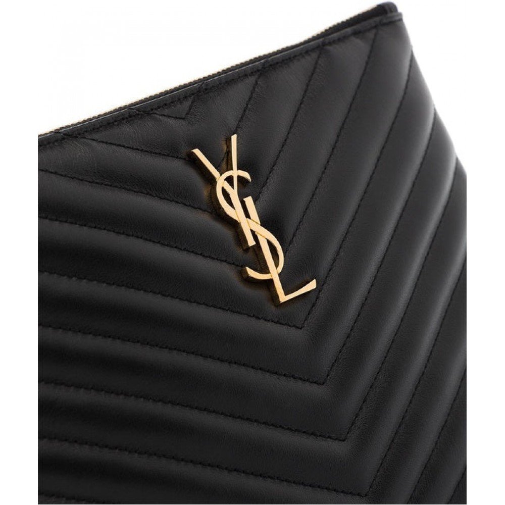 Monogram YSL Large Chevron Quilted Flat Wristlet Pouch Bag