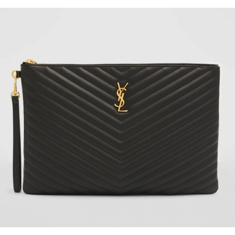 Monogram YSL Large Chevron Quilted Flat Wristlet Pouch Bag
