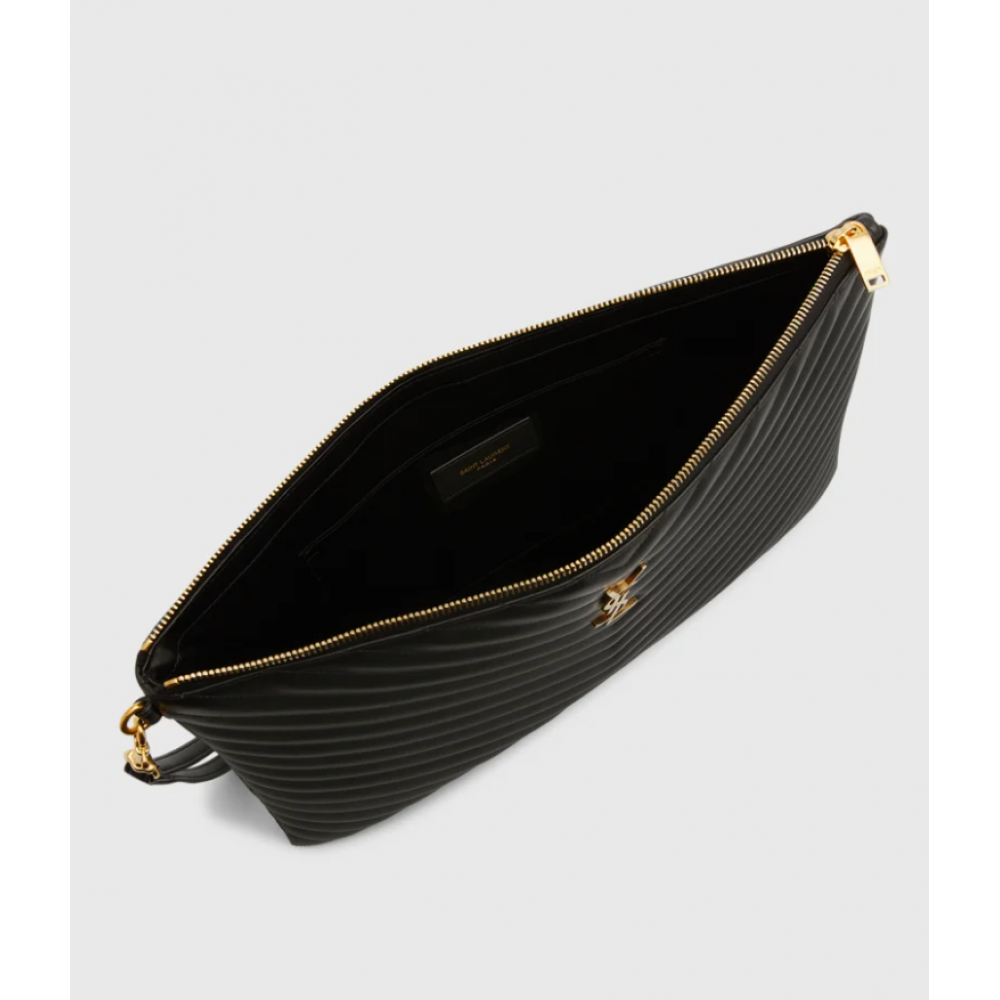 Monogram YSL Large Chevron Quilted Flat Wristlet Pouch Bag